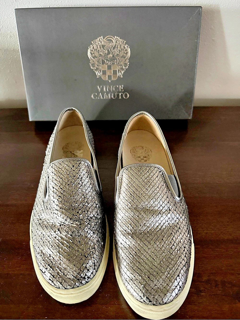 Vince Camuto Silver Snakeskin Slip-On Sneakers US 8 M